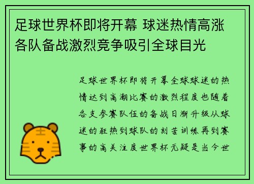 足球世界杯即将开幕 球迷热情高涨 各队备战激烈竞争吸引全球目光